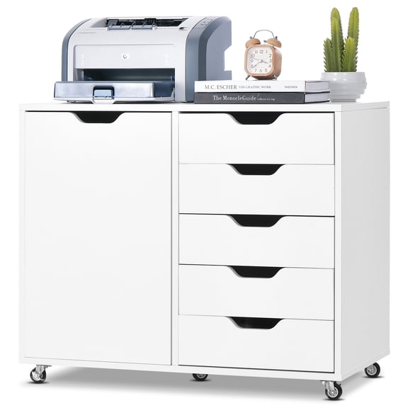 Costway Commode à 5 Tiroirs, Rangement Roulant, Classeur Latéral avec Tablette Ajustable