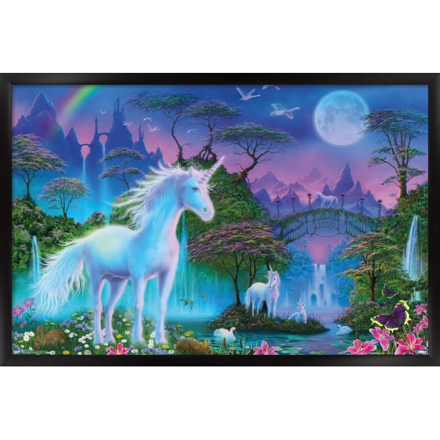 Affiche Murale de Prairie des Licornes, 22,375 Po x 34 Po, Impression d'Art Fantastique Encadrée Représentant une Grande Licorne Blanche Se Tenant dans un Prairie Coloré avec des Fleurs, des Lapins et des Cygnes. l'Arrière-plan Présente des Cascades, de Hauts Arbres, un Arc-en-Ciel, une Pleine Lune et un Pont de Pierre avec des Licornes Plus Petites. Imprimée sur Papier d'Affiche Lustré, Convient pour Décorer des Chambres, des Bureaux Ou des Rés