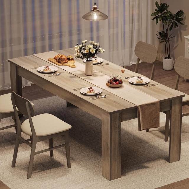 71" Long Dining Table for 6-8, Large Farmhouse Rectangular Kitchen Dining Room Table, Wooden, Thick Frame & Sturdy Triangular Legs, Wood Strip Base for Dinner, Kitchen, Office, Rustic Gray