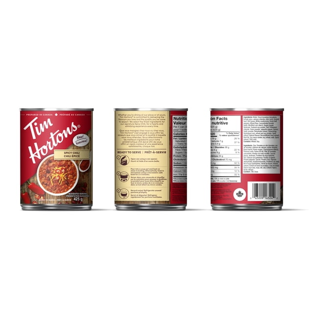 Tim Hortons Spicy Chili, 425 g Can, Hearty Beef & Beans in Bold Seasoned Sauce, Prepared in Canada