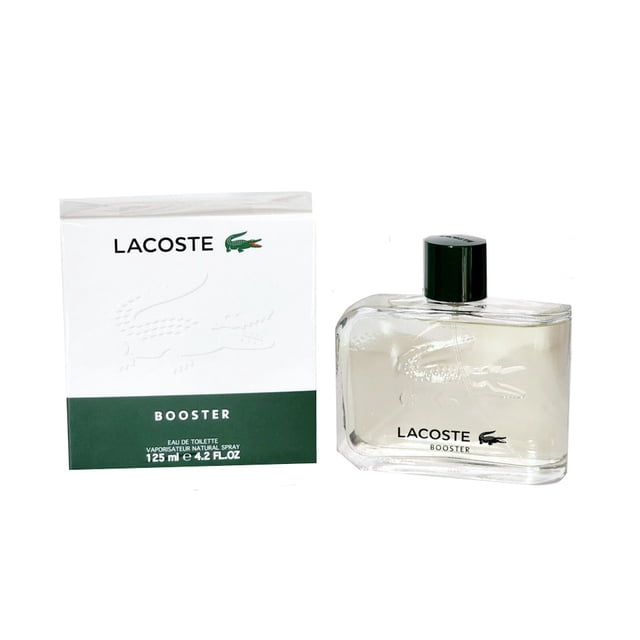 Lacoste Booster 4.2 oz / 125 ml Eau de Toilette pour Hommes, une Eau de cologne pour Hommes Présentée dans une Bouteille en Verre Transparent avec logo crocodile Embossé et Bouchon Noir, Exposée aux Côtés de Son Emballage Blanc et Vert. un Parfum Aromatique d'Agrumes avec des notes d'Orange, de Menthe, de Basilic et de Bois de Santal.