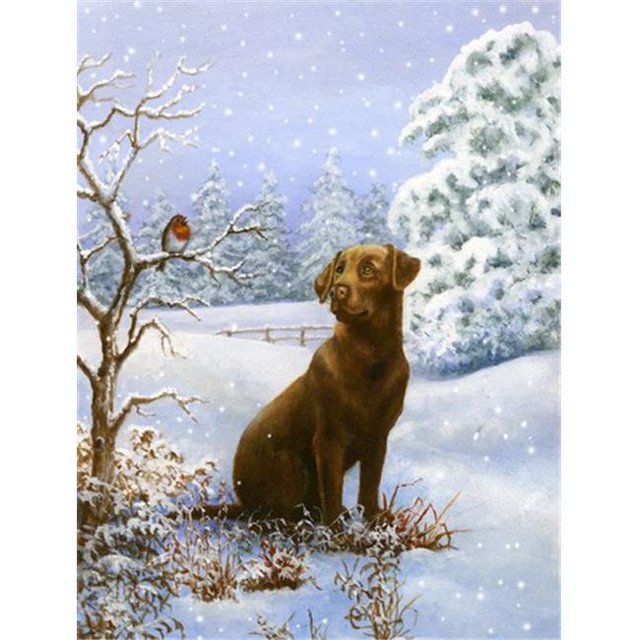 Carolines Treasures BDBA434ACHF Chocolate Labrador Snowy Robin Drapeau en Toile Taille Maison