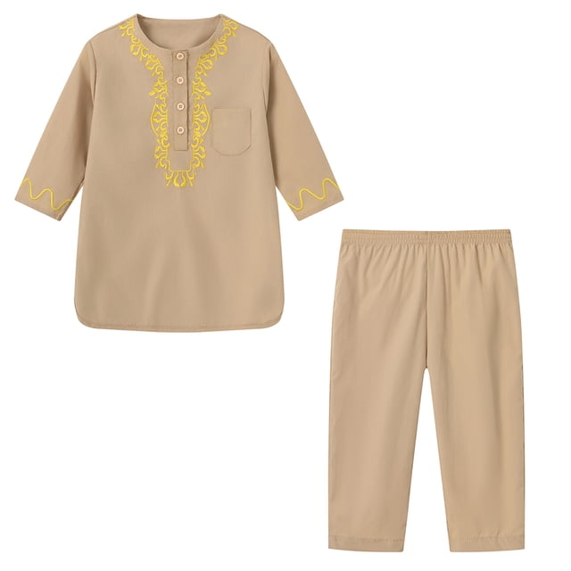 QUDDERR Baby Toddler Kids Boys Girls Embroidery Crewneck Buttons Long Robe + Trousers Spring Fall Outfit Size 1-7T