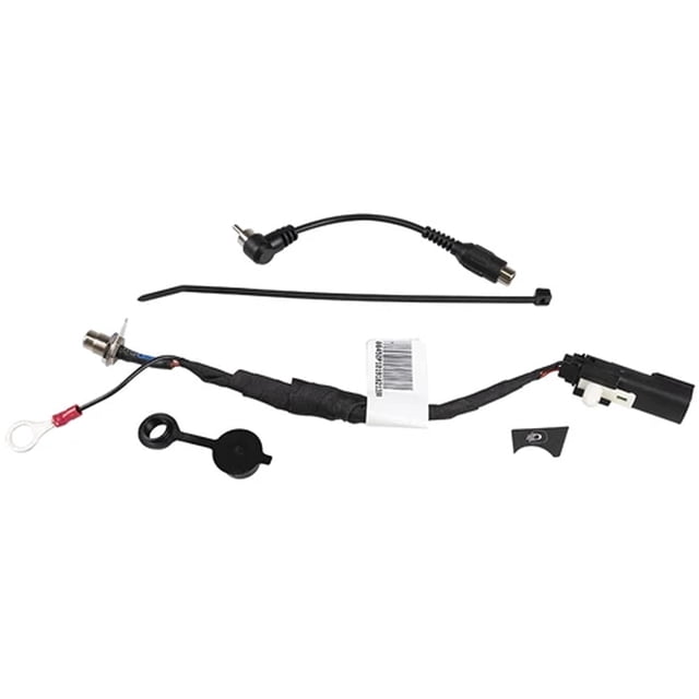 Ski-Doo Trousse de Prise pour Visière Chauffante OEM REV Gen4, 860201283, Comprenant un Faisceau de Câblage, une Prise RCA standard et une installation Facile à Brancher pour Visières Chauffantes Ou Accessoires. Comprend Tous les Composants Nécessaires à l'Installation, Illustrés sur un Fond Blanc.