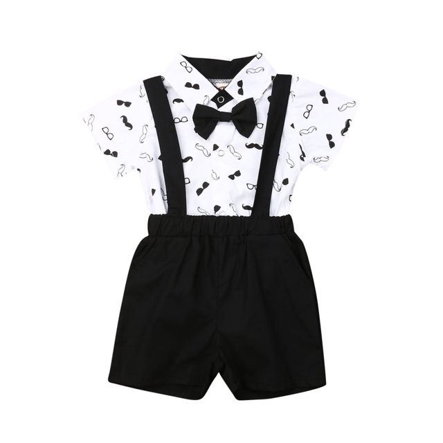 EYIIYE Bébé Garçon 2PCS Ensemble de Tenue, Moustache Bow Romper + Bretelles Shorts