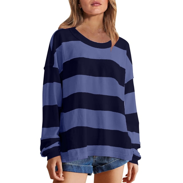Styesk Chandails à Manches Longues pour Femmes, Chemise Tendance à Rayures, Tunique Ample à Col Rond, Chandail à Enfiler, Hauts Décontractés Patchwork, Chandail Doux et Léger