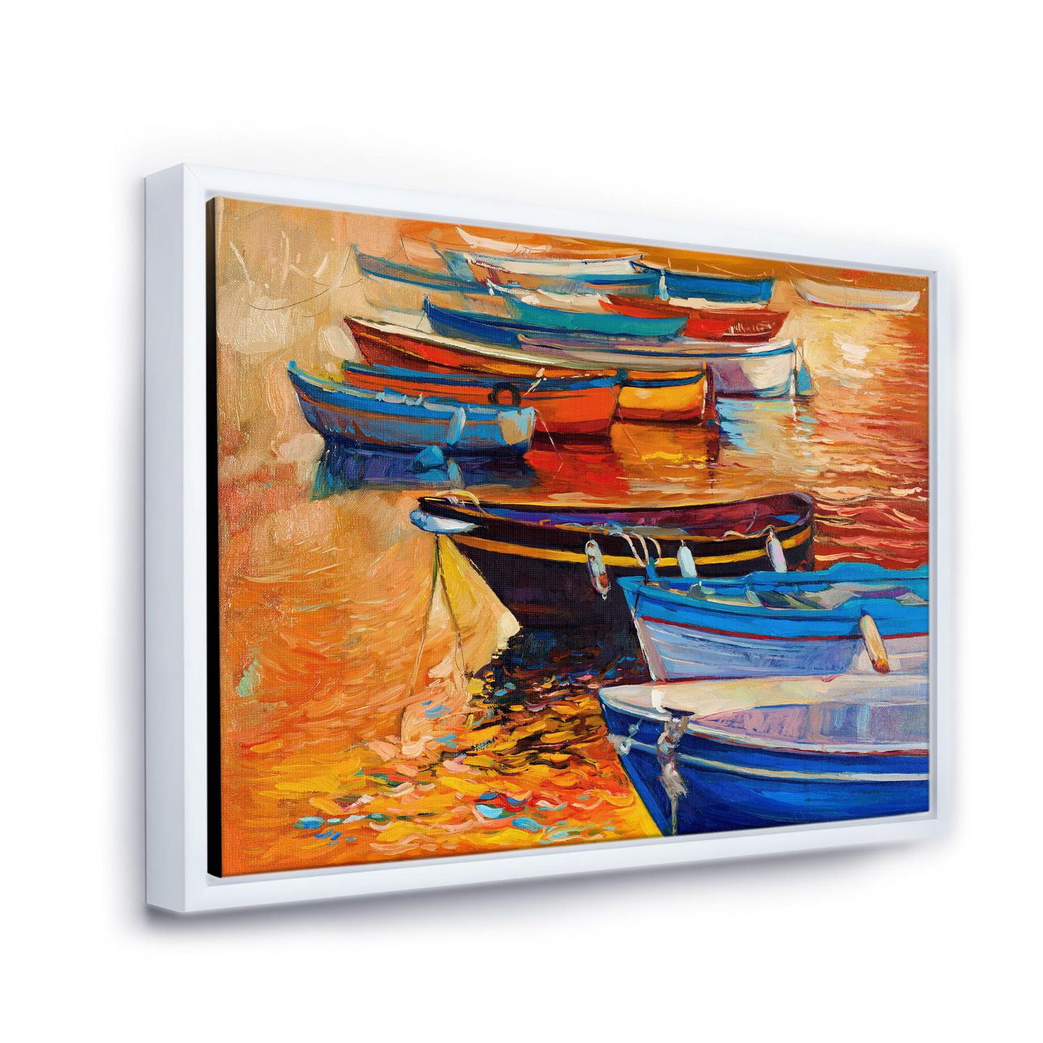 Designart Bateaux dans le port pendant le coucher du soleil chaud de Colourd I ART MURAL À CADRE FLOTTÉ
