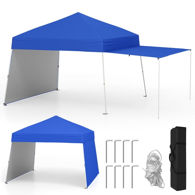 Gymax 14 x 9.2 ft pop-up canopy tent in blue with two convertible sidewalls, one extended as an awning supported by poles. Includes a durable oxford fabric canopy with UPF50+ sun protection, a metal frame, ground stakes, wind ropes, and a carrying bag. Suitable for outdoor activities like beach parties, camping, and markets.