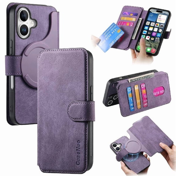 Étui Portefeuille Magnétique pour iPhone 17, Porte-Cartes Détachable, Support, Couverture, Violet