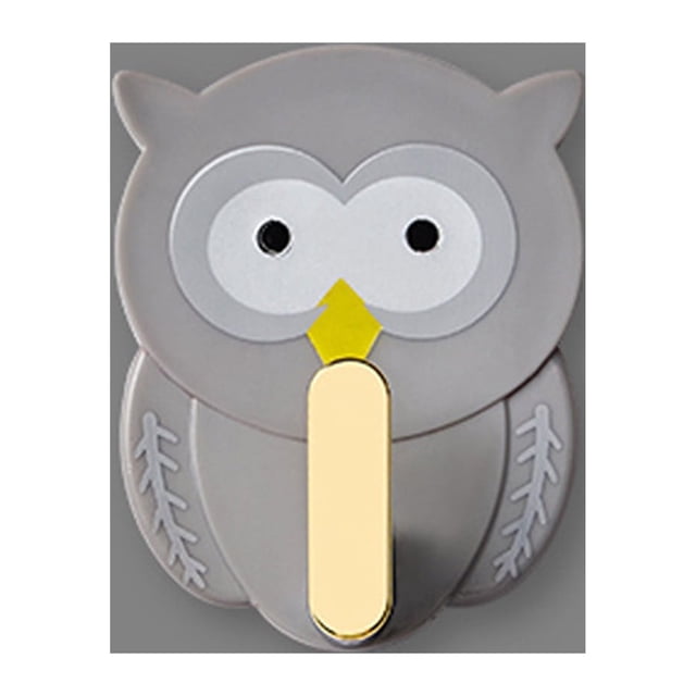 Hook- Punch- Strong Non-marking Wall Storage Hook Door Back in a grey owl-shaped design with a yellow and gold hook. Made of ABS material, it features a non-marking adhesive backing for easy installation on flat surfaces like ceramic, mirrors, and wood. Compact and space-saving, suitable for storing small items such as keys and mobile phones in various settings like kitchens, bathrooms, and offices.