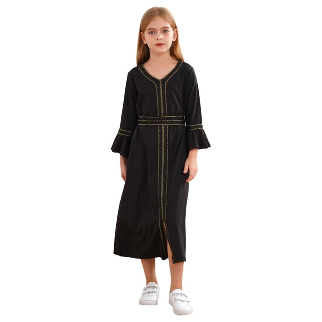 Lejafay Robe Décontractée à Manches Longues pour Filles, Tenue de Danse d'Église de Louange, Robes Musulmanes, Noir 160