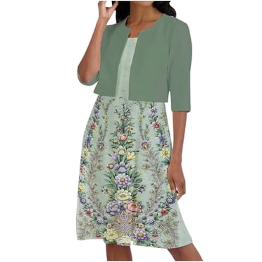 Pompotops Ensemble Deux Pièces pour Femme d'Été Imprimé à Col Rond Élégant Robe Trapèze à Bretelles et Cardigan à Manches Mi-Longues