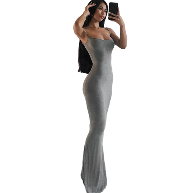 stanreset Jupe Longue Bodycon Robe de Soirée Vêtements pour Cami Spaghetti Sans Manches Forme du Corps Polyvalent Jolie Tenue d'Été Gris/l