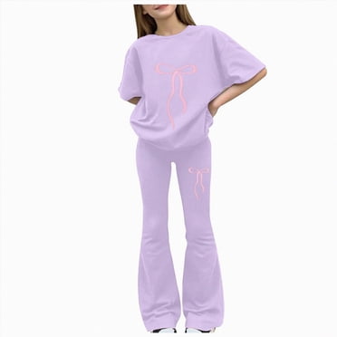 Gubotare Teen Girl Clothes Summer Girls 2 Piece Outfits Fashion Clothes Short Sleeve Tops and Jogger Pants Kids Tracksuit Sets Set Size 10-11 (Purple,10-11 Years)