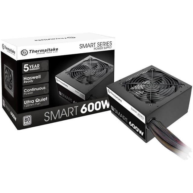 Thermaltake Smart Série 600W SLI CrossFire Prêt ATX12V V2.3 EPS12V 80 PLUS Alimentation Certifiée avec Boîtier en Métal Noir, Ventilateur de Refroidissement Ultra Silencieux de 120mm, et Câbles Gaines, Montré avec Sa Boîte de Vente au Détail Mettant en Valeur une Garantie de 5 Ans, Prêt pour le Puits et des Fonctions d'Alimentation Continue, Idéal pour des Constructions de PC Fiables et Efficaces.