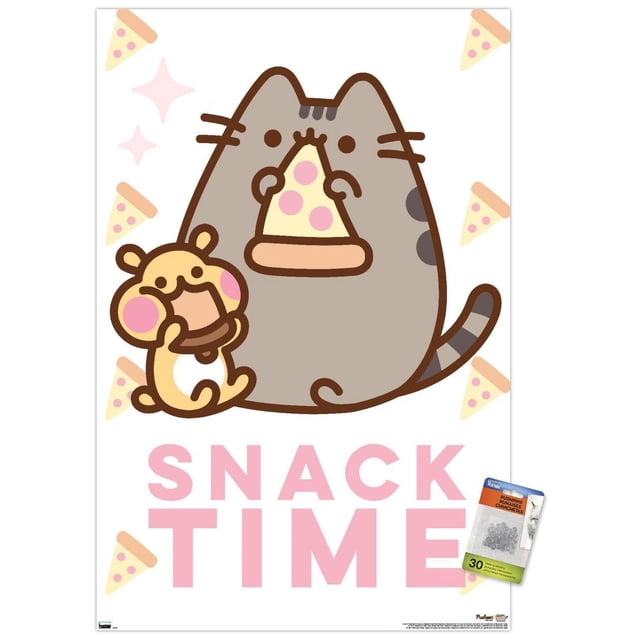 Pusheen - Snack Time Wall Poster, 14.725" x 22.375" framed featuring cartoon cat Pusheen holding a pizza slice with a small yellow hamster-like character eating a cookie beside her, surrounded by pizza slice illustrations and large pink 'SNACK TIME' text on a white background, ideal for bedroom or office wall decor.