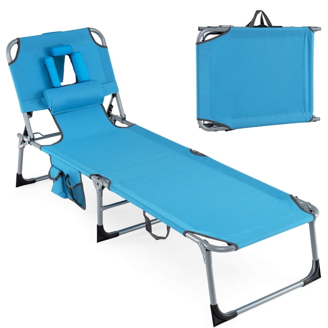 Costway Chaise Longue de Plage Extérieure Pliante avec Oreiller Bleu