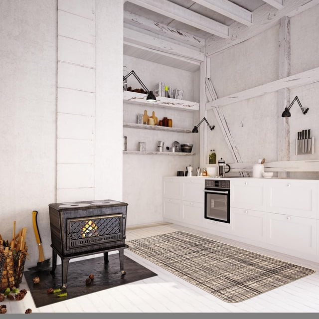 ECARPET kitchen, hallway, laundry room, entrance, kids room, bathroom mat & utility rug with non slip rubber backing in a rustic kitchen featuring white cabinetry, built-in oven, open shelves with kitchenware, a black wood stove on a black hearth, and exposed white wooden beams. The rug has a geometric pattern and is suitable for high traffic areas.
