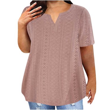 Timegard Womens Oversized Eyelet Tops V-Neck Short Sleeve Casual Tunic Top to Wear with Leggings Blouse