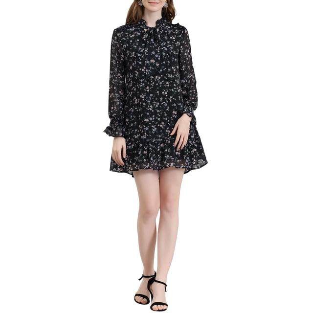 INSPIRE CHIC Robe Droite Décontractée Ample à Volants pour Femme, Taille P, avec Imprimé Floral Noir et Manches Longues Transparentes, Encolure à Volants, et Longueur au-Dessus du Genou Fluide. Fabriquée en 100 % polyester, Cette Robe Légère Offre une Coupe Décontractée Convenant au Port Quotidien, au Travail Ou aux Sorties Décontractées. Stylée avec des Talons à Brides Noirs.