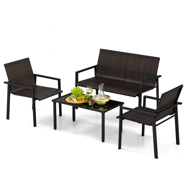 Costway 4 PCS Outdoor Wicker Patio Furniture Set with Heavy-Duty Galvanized Metal Frame Mix Brown