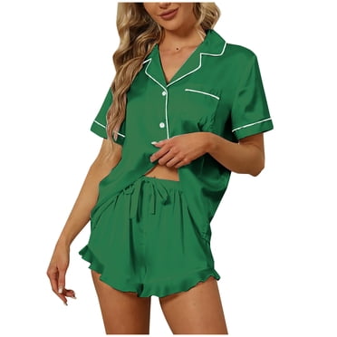 Women's Pajama Sets on Clearance Satin Silk Pajamas for Women 2PCS Ruffle Notch Collar Sleepwear Button down Short Sleeve Shorts Pjs Set Loungewear Short Pajama Set for Women Green XXL New