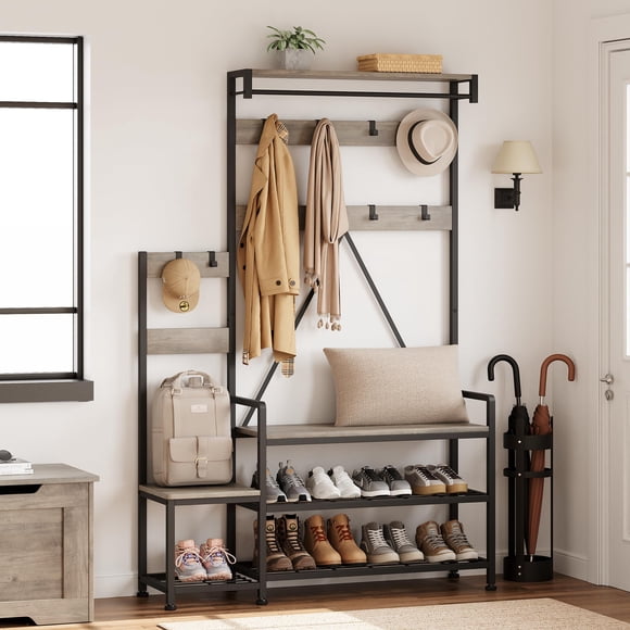Hall Tree with Shoe Storage Bench, Coat Rack with 7 Hooks 4 Tier Side Storage Shelves Small Cute Side Bench, Industrial 5-in-1 Entryway Coat Rack for Hallway Mudroom Bedroom