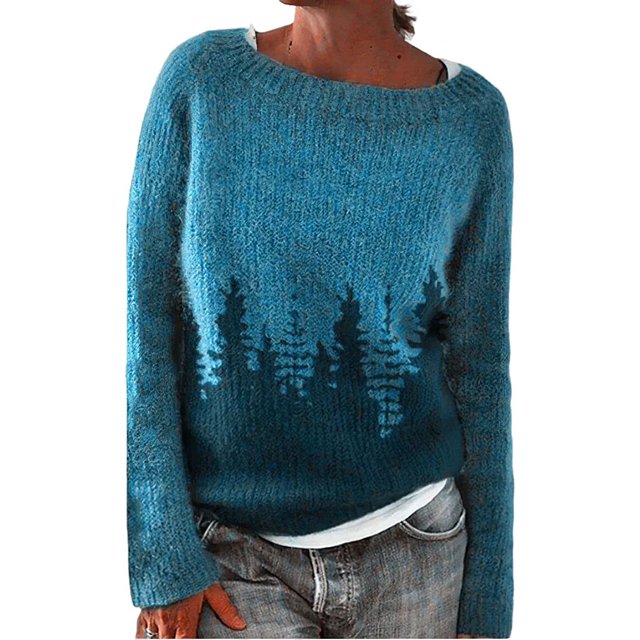 MesaSe Chandail à Imprimé Fair Isle pour Femmes, Style Vintage Aztèque, Imprimé Paysage de Montagne, Col Rond, Tricoté