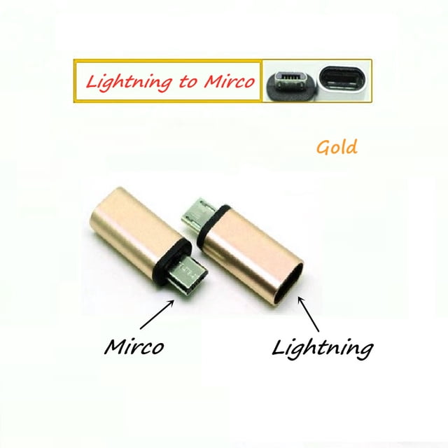 Lightning Female to Micro USB Male Adapter Converter Connector by Phonesmart, featuring a compact gold-colored design. This plug-and-play adapter supports super-speed charging and data transmission, compatible with USB-C devices. The adapter has a Lightning female port on one end and a Micro USB male connector on the other.