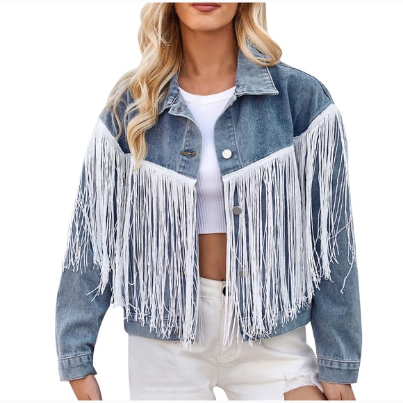 Denim Tops for Women Womens Plus Denim Stretch Denim Jacket, Women's Oversized Mid Long Denim Jacket Jean Biker Coat S-114 Blue M