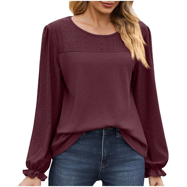 Timegard Blouse pour Femmes, Oeillets, Encolure Dégagée, Volants, Manches Longues, Hauts d'Automne Décontractés et Confortables, Couleur Unie