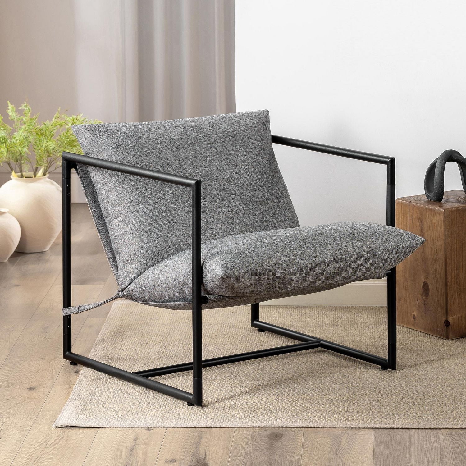 Zinus Aidan Modern Minimalist Metal Framed Accent Chair with Removable Foam Cushions, Light Grey