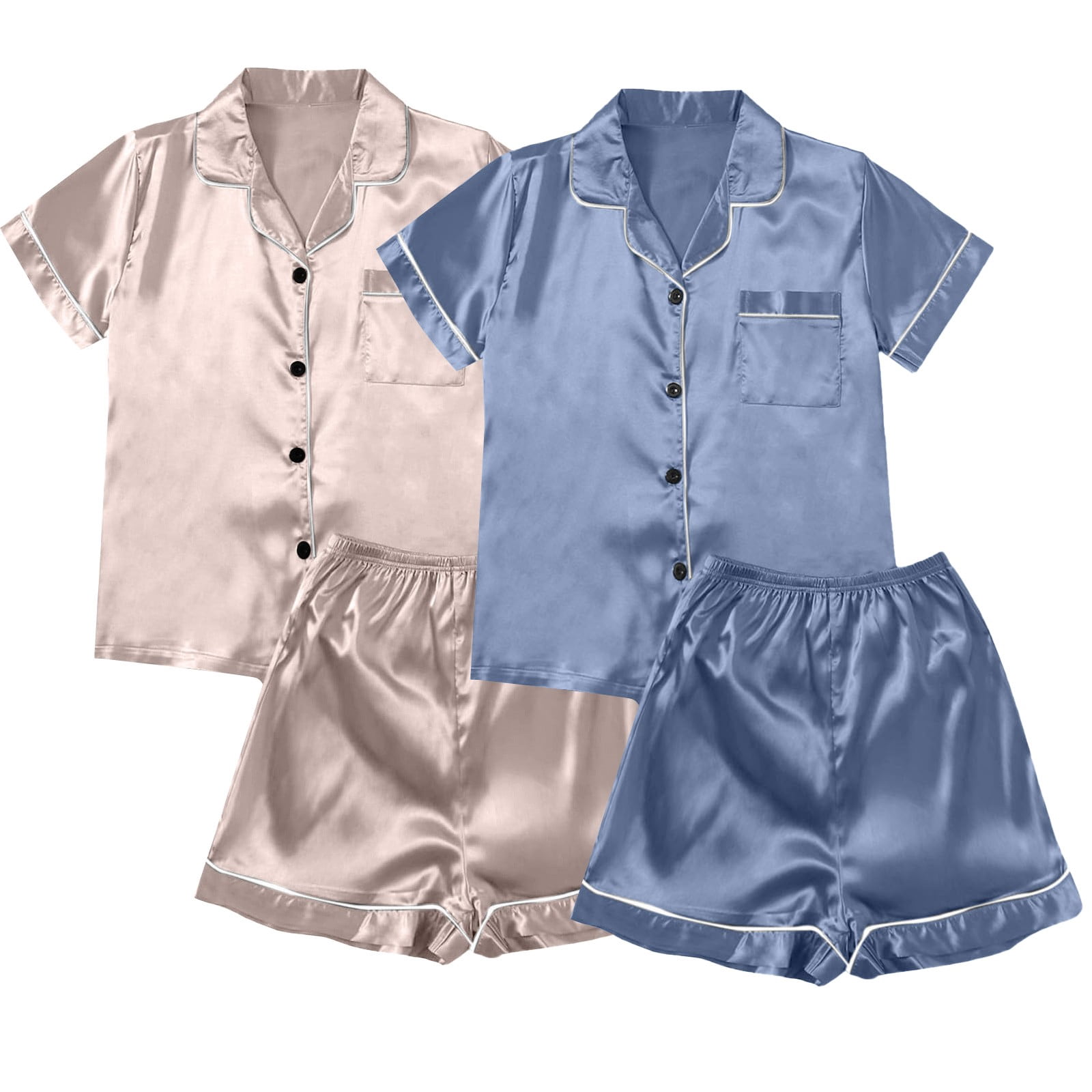 ZJXFGS Sleepwear for Women, Women Pajamas, Satin Pyjamas Women's Short 4 Piece Pyjamas Short Sleeve Sleepwear and Shorts Set Women Leisure Suit Loungewear, Short Pajama Set for Women Multi-color L