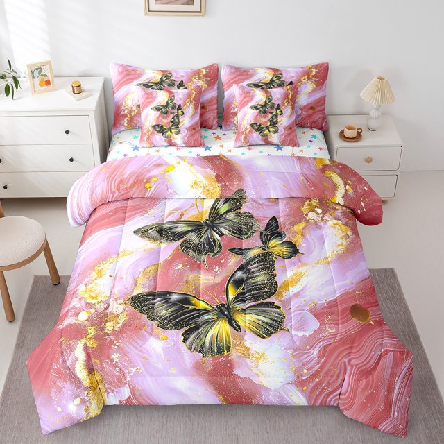 Red Marble Bed in a Bag King Size Comforter Set 7 Pieces Gold Butterfly Sheet Set,Lilac Marbling Bedding Sets,Abstract Ombre Ink Fluid Art Bed Set Rustic Animal Dreamy Butterflies Room Decor