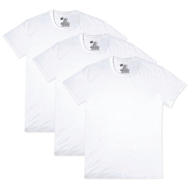 Hanes Comfort Flex Fit Top in white, showing three men's crew neck t-shirts with a comfort fit and ultra-soft cotton stretch fabric, moisture-wicking and FreshIQ™ advanced odor protection, suitable for casual wear and breathable base layering.