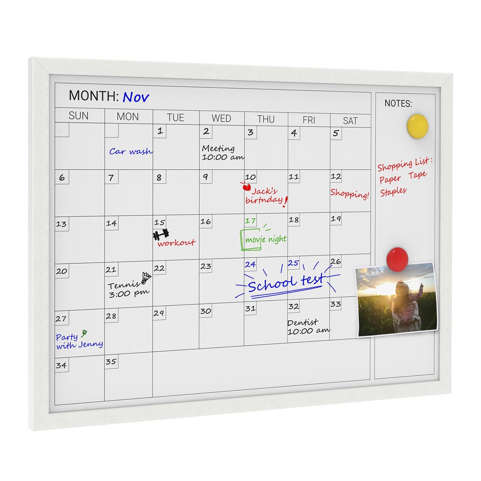 Comix Dry Erase Calendar for Wall, Magnetic Calendar Whiteboard with White Wood Frame, 24 * 18 inches Decorative Planner Board for Office, Kitchen, School, Home