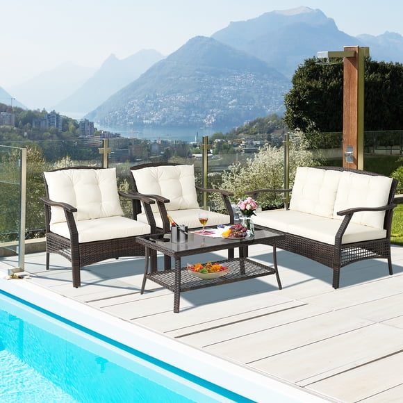 Costway Ensemble de Conversation en Rotin d'Extérieur 4 Pcs Ensemble de Canapé en Rotin pour Patio avec Housse de Protection