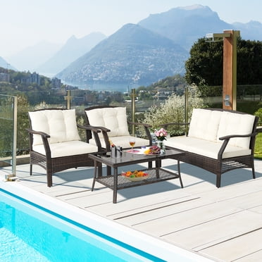 Costway 4 PCS Outdoor Rattan Conversation Set Patio Rattan Sofa Set W/ Protective Cover