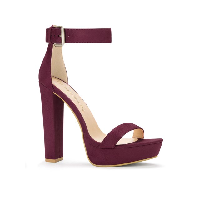BLISSFUL STEP Women's Shoes Faux Suede Ankle Strap Open Toe High Chunky Heel Platform Sandals Burgundy 7