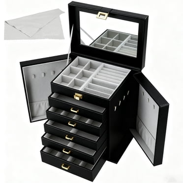 6 Layers Womens Jewellery Boxes Table Top Large Leather Chest Jewelry Organizer Case w/ Removeable Drawers
