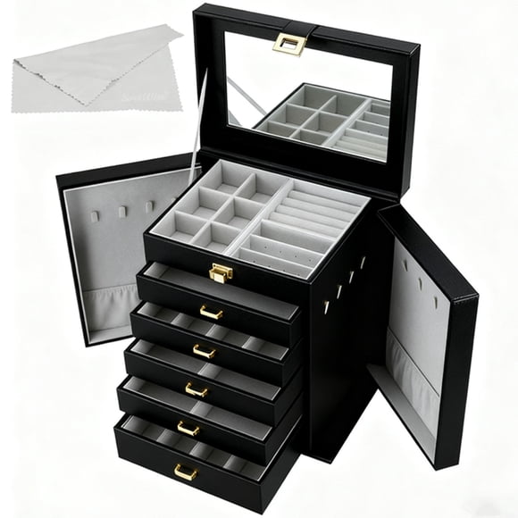 Boîtes à Bijoux pour Femmes à 6 Couches, Grand Coffre en Cuir de Table, Organisateur de Bijoux avec Tiroirs Amovibles