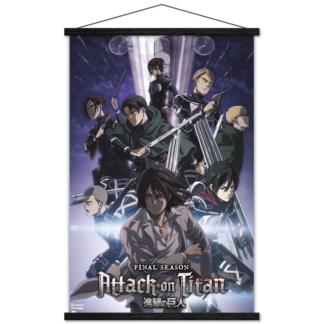 Attack on Titan: Season 4 - Key Visual 2 Wall Poster depicting characters in dark military uniforms and green cloaks wielding swords and rifles, set before a tall tower under a night sky, printed on glossy 22.375" x 34" poster paper, suitable for decorating bedrooms, offices, or fan spaces.