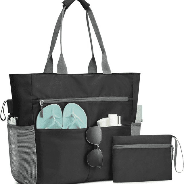 FTCBJJA Waterproof & Sandproof Beach Tote Bag for Women – Large Capacity Swim Pool Bag Zipper Closure with Small Pouch – Ideal for Beach, Pool, Travel & Weekend Trips