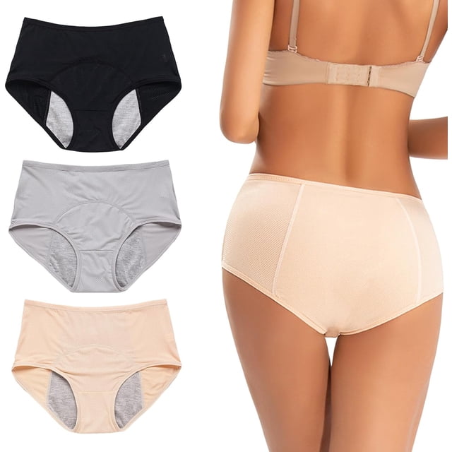 ORUYROP Culottes Everdries Anti-Fuites pour Plus de 60 Ans, sous-Vêtements Everdries Anti-Fuites pour Femmes Incontinence (3 Pcs, TG). un Ensemble de Trois Culottes Taille Haute Anti-Fuites en Noir, Gris et beige, Conçues pour Femmes. Fabriquées en Tissu de Coton Doux et Respirant, Ces Culottes Offrent une Couverture Complète et un Soutien, Idéales pour l'Incontinence Ou l'Utilisation pendant le cycle Menstruel. l'Image Montre les Culottes Exposées Individuellement et Portées, Mettant en Valeur Leur Ajustement et Leur Confort.