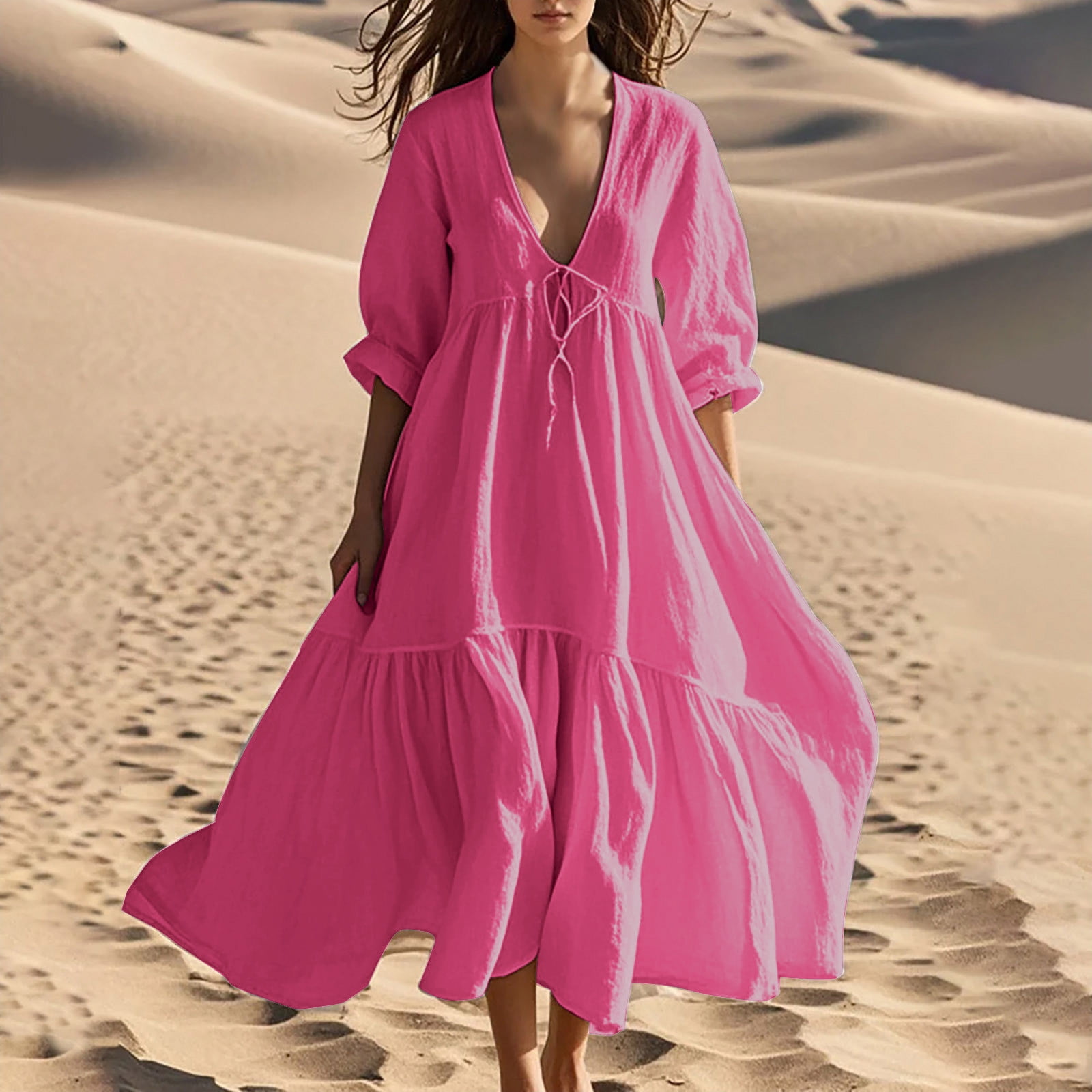 Pisexur Robes d'Été pour Femmes en Doux Lin-Coton Robes d'Été pour Femmes Décontractées à Col en V Manches 3/4 Robe Maxi Ample Confortable Fluide Robes pour Femmes Couleur Unie à Volants Boho Longues Robes P-2TG Rose