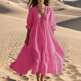 thumbnail image 1 of Pisexur Robes d'Été pour Femmes en Doux Lin-Coton Robes d'Été pour Femmes Décontractées à Col en V Manches 3/4 Robe Maxi Ample Confortable Fluide Robes pour Femmes Couleur Unie à Volants Boho Longues Robes P-2TG Rose, 1 of 5