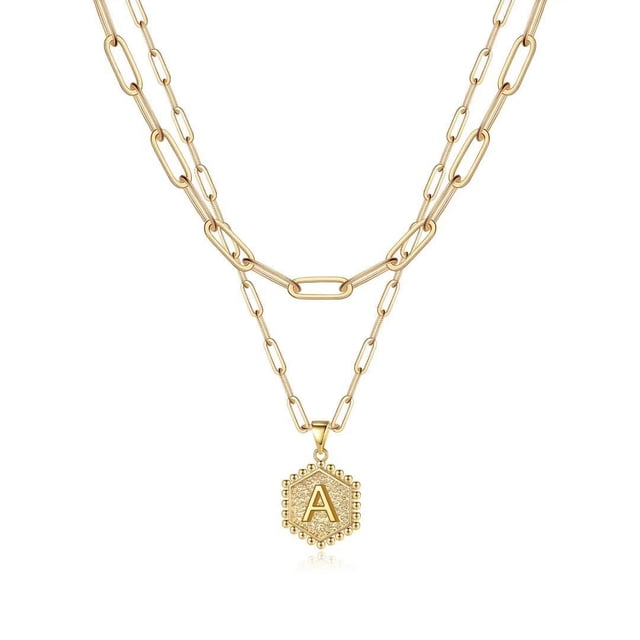 Colliers à Initiale Superposés pour Femmes, Collier Chaîne Trombone Simple Mignon Pendentif Lettre Hexagone Collier Ras-du-Cou à Initiale Colliers Superposés Dorés pour Femmes, Or
