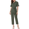 thumbnail image 2 of Unique Bargains Combinaison Short pour Femme à Col Rabattu, Boutonnée, Taille à Nouer, Cargo, 2 of 7
