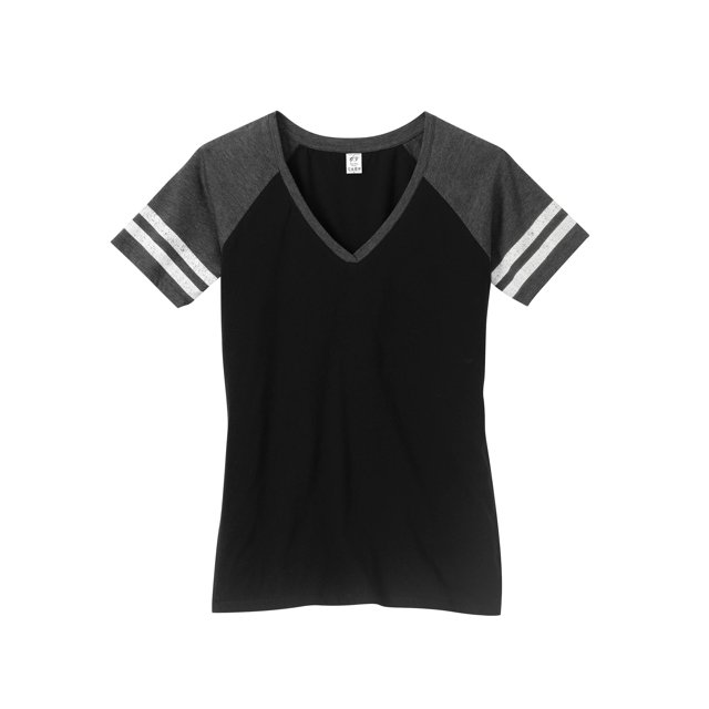 Gravity Threads Womens Distressed Stripe V-Neck Shirt - Black/Heather Charcoal - Small