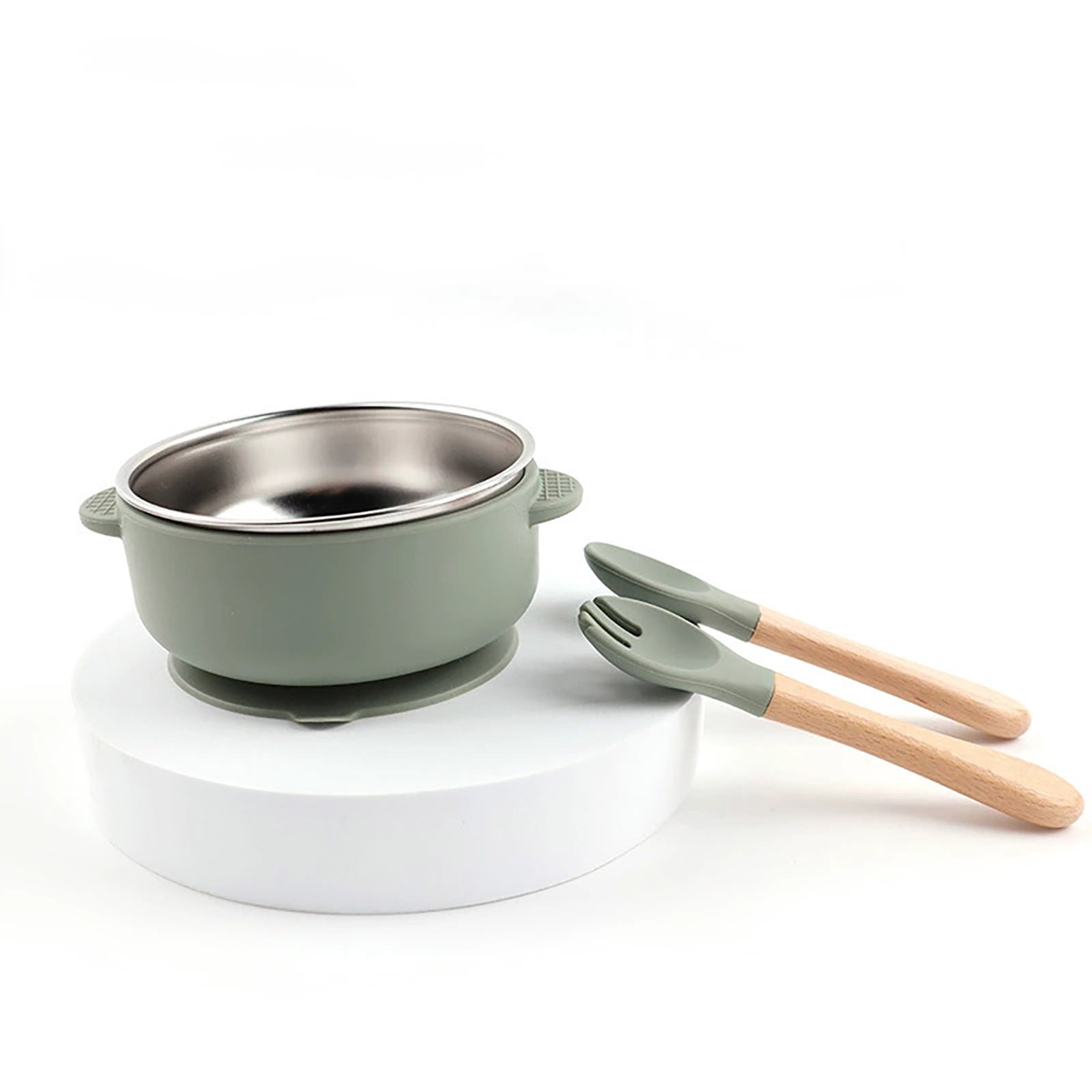 Btomtd Ensemble de Couverts pour Enfants Bol Silicone de Qualité Alimentaire Doublure Intérieure en Acier Inoxydable Bol Alimentaire Ensemble de Trois Pièces, Vert Armée